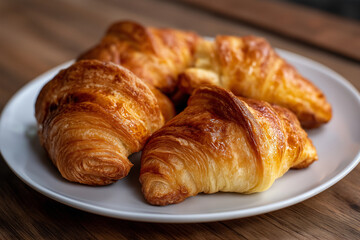 A mouthwatering display of golden-brown croissants arranged on a plate, showcasing their flaky texture and inviting aroma, perfect for a delightful breakfast or brunch.