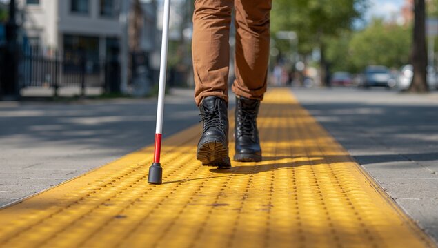 Blind Person Walking on Tactile Pavement with Cane in City Street
