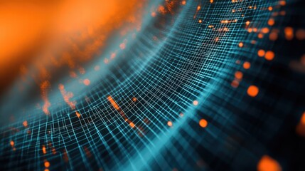 Abstract digital grid and glowing particle streams form a futuristic virtual network, visualizing global data flow, information exchange, and internet communication in blue orange tones