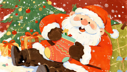 Santa Claus holding gift near Christmas tree