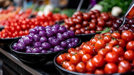Fresh colorful tomatoes and purple vegetables displayed in market bowls for healthy cooking and organic food preparation.