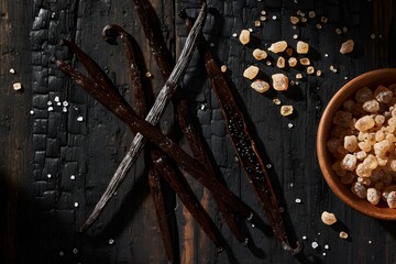 Rustic Vanilla Beans and Brown Sugar Flat Lay (Dark Wood)