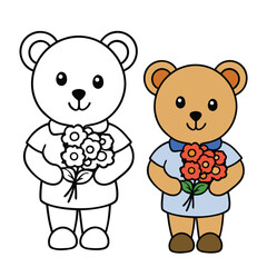 Obraz premium A cute teddy bear holding a lovely bouquet, ready to brighten your day. Perfect for coloring, with charming details and sweet floral touches to bring joy. 
