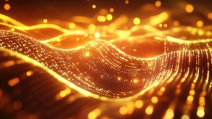 Golden glowing particles forming a wavy, abstract digital surface, representing data flow, networked connections, and futuristic technological concepts with brilliant light