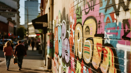 Colorful graffiti on urban brick wall