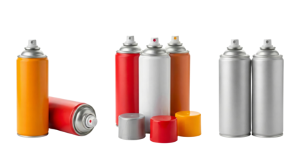 Colorful aerosol spray cans with caps on a sleek black background for creative projects isolated