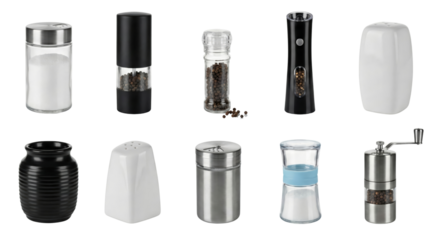 Collection of assorted spice and salt shakers with modern design isolated on transparent background