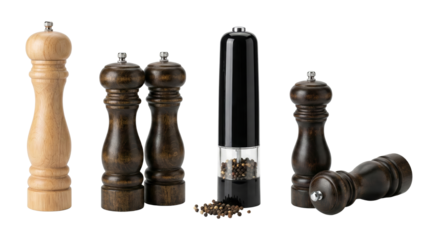 Set of wooden and electric salt and pepper shakers with transparent pepper grinder isolated on