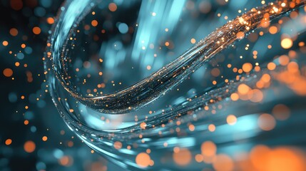Abstract network of glowing teal lines intertwining with shimmering orange particles, representing digital data exchange, energy flow, and a dynamic technological connection