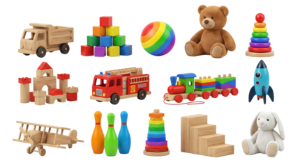 Collection of wooden and plastic toys including vehicle figures and stacking blocks isolated
