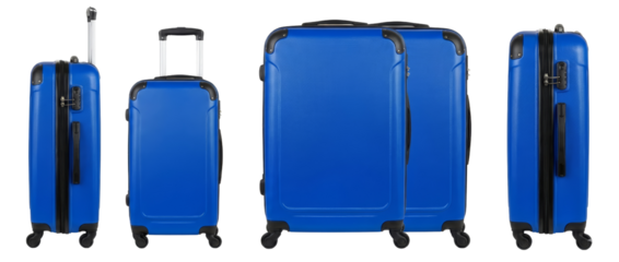 set of four stylish blue rolling luggage pieces on isolated transparent background for travel
