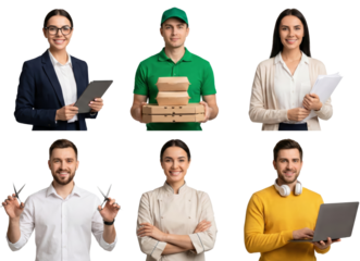 Professional delivery and customer service representatives showcasing teamwork isolated