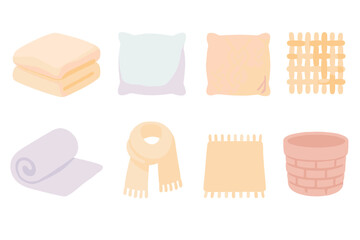Cozy textile icons featuring blankets, pillows, and woven patterns