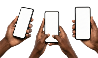 diverse group of hands holding modern smartphones with blank screens isolated on background