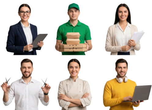 Professional delivery and customer service representatives showcasing teamwork isolated - Powered by Adobe