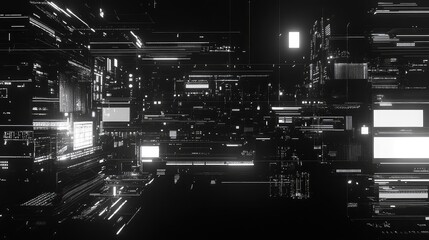 Abstract digital patterns creating a futuristic cityscape representing big data, artificial intelligence, and global network connections processing information in a complex technological system