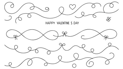 Obraz premium Black valentine's day swirling line art borders with ribbons and bows on white background for decoration and design
