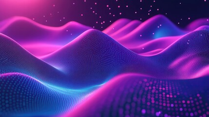 Abstract digital waveform creating vibrant neon colored flowing particles, symbolizing data flow, network connections, and futuristic technological concepts with glittering elements