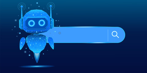 Futuristic AI robot pet with polygonal mesh design, floating next to an empty search bar with a glow effect, representing advanced search technology, big data processing, and digital automation