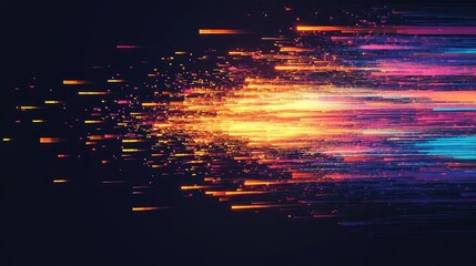 Abstract background showing colorful light streaks and individual pixels representing fast data transfer, technology, networking, and the dynamic flow of digital information in modern systems