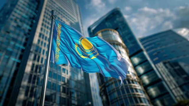 The blue Kazakh flag waves high against a backdrop of sleek skyscrapers on a bright day, symbolizing national pride during Independence Day. The scene captures a moment of celebration and unity.