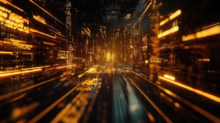Abstract digital tunnel with glowing orange lines and block structures representing data streams, network connections, and the flow of information in a high tech communication system