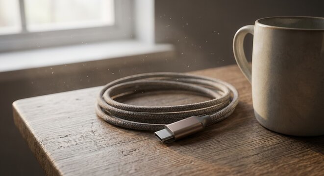 USB-C Cable and Coffee Mug on a Rustic Wooden Table by a Window.