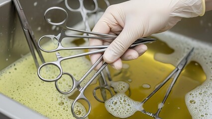 hand holding some surgical scissors at a Medical Cleaning Station