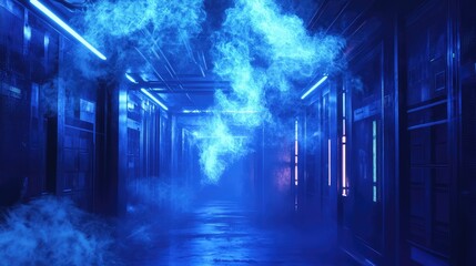 Blue light illuminating a server room corridor filled with dynamic smoke streams, representing data flow, cloud computing, and advanced network infrastructure