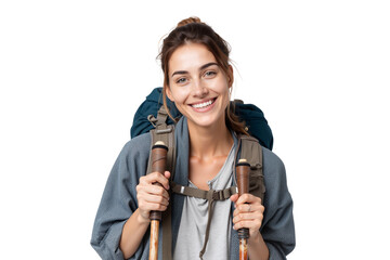 Happy female hiker with backpack and trekking poles smiling, ready for adventure, isolated on transparent background
