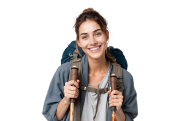 Happy female hiker with backpack and trekking poles smiling, ready for adventure, isolated on transparent background
