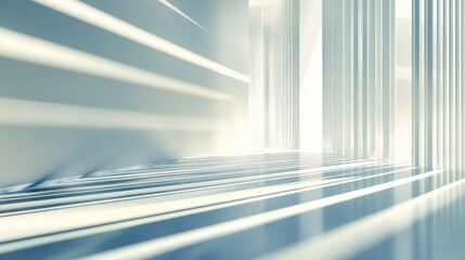 Obraz premium Minimalist modern interior with white columns and strong sunlight casting long parallel shadows across a reflective floor, highlighting clean geometric lines and serene space