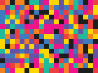 A mesmerizing mosaic pattern composed of small, multicolored squares in shades of pink, blue, green, yellow, orange, and red, arranged in a seemingly random yet harmonious design, isolated on white 