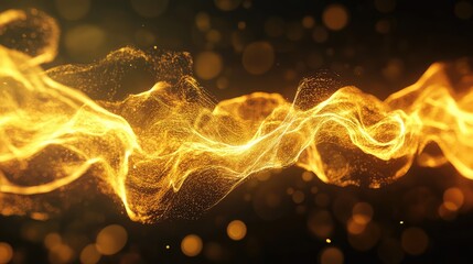 Golden glowing particles forming a dynamic wave shape, streaming across a dark background with shimmering bokeh lights, representing concepts like data flow, digital energy, and interconnectedness