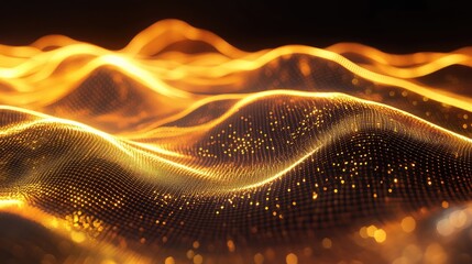 Golden glowing wave of digital data particles creating an abstract futuristic network visual on a dark background, representing technology, communication, and connectivity