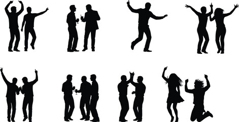 Dancing people silhouettes collection, party celebration poses, happy crowd movement, nightlife energy, social event concept, isolated black figures