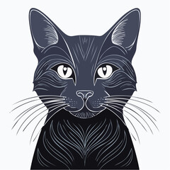 Vector illustration of a cute black and white domestic cat with green eyes looking, an isolated beautiful animal portrait