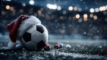 Fototapeta premium Soccer ball wearing Santa hat lying on playing field covered with snow and Christmas baubles during match in stadium celebrating Christmas time. Copy space. Banner