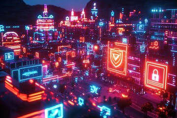 Cyberpunk Cityscape with Security Icons and Neon Lights.