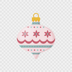 Christmas tree ornament isolated on transparent background.Vintage bauble for Christmas and New Year decoration.Pink and blue colours.Christmas tree decorations.Decorative element Vector illustration.