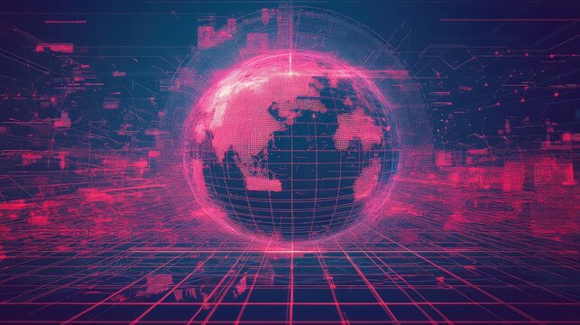 Earth globe showcasing a global network of digital data processing and flowing information across a futuristic cyberspace environment. Symbolizing worldwide connectivity and technological advancement - Powered by Adobe
