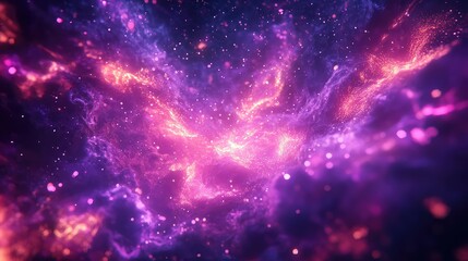 Obraz premium Cosmic nebula of glowing purple, pink and blue gas and dust with sparkling stardust and energy particles, vibrant interstellar backdrop for science fiction and space themes
