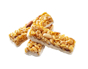 Energy bars with nuts and dried fruits falling on transparent background