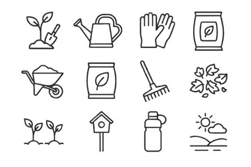 Obraz premium Gardening landscape environmental icons small grid vector icon water row sun watering