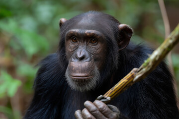 A thoughtful chimpanzee holding a branch, captured in a lush green environment, onlookers score a glimpse of wildlife's intelligence and emotional depth in its natural setting.