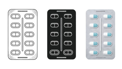 Pill Packaging Designs Set in Three Styles — Line Art, Silhouette and Color Version