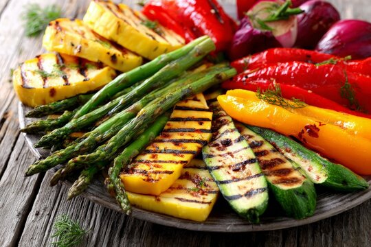 Freshly grilled assorted vegetables arrange on plate, showing vibrant colors and distinct grill marks.