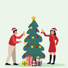 Christmas and new year holiday celebration concept. Happy people decorating tree whit lights and ornaments together and preparing to celebrate Christmas eve Vector  illustration