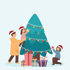 Christmas and new year holiday celebration concept. Happy people decorating tree whit lights and ornaments together and preparing to celebrate Christmas eve Vector  illustration