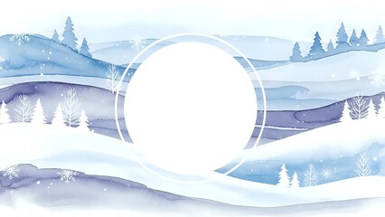 Watercolor winter landscape with flowing hills, evergreen trees and white circle frame for text or logo placement on snowy mountain scenery background.